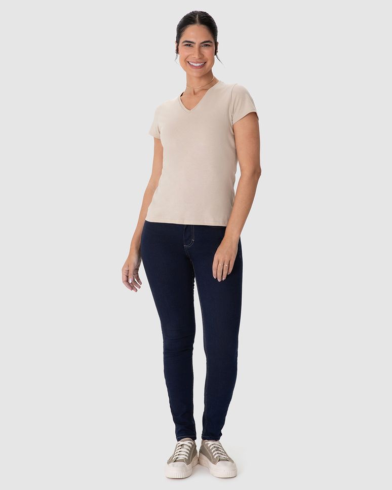 Calça Skinny Feminina Cintura Média Bolso Funcional Em Jeans Stretch