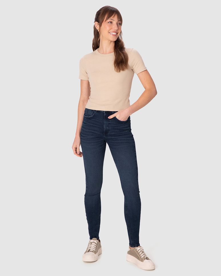 Calça Skinny Feminina Cintura Média Alta Funcional Em Jeans Stretch