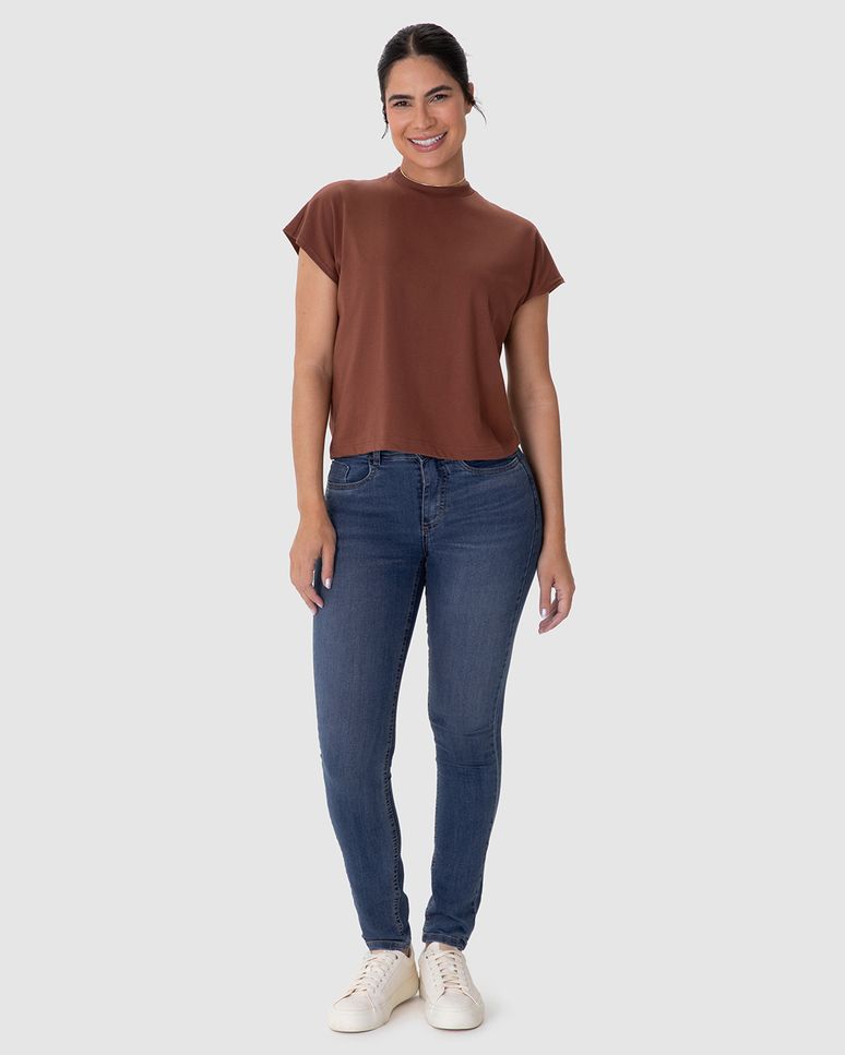 Calça Skinny Feminina Cintura Média Bolso Funcional Em Jeans Stretch