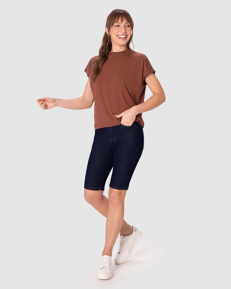 Bermuda Feminina Ciclista Cintura Média Em Jeans Com Elastano