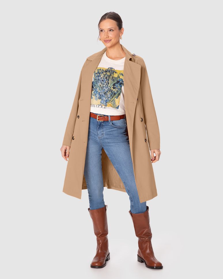 Casaco Trench Coat Feminino Com Cinto Fivela E Bolsos Em Tecido Sarjado