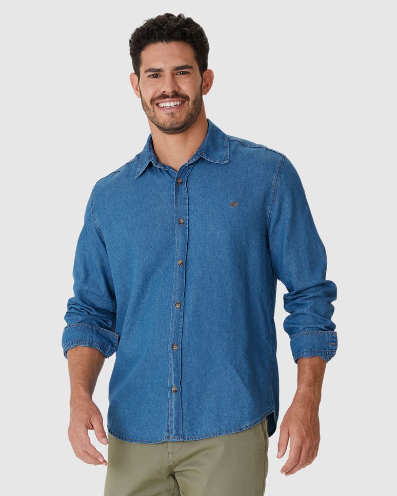 Camisa Masculina Tradicional Manga Longa Em Jeans Leve Soft