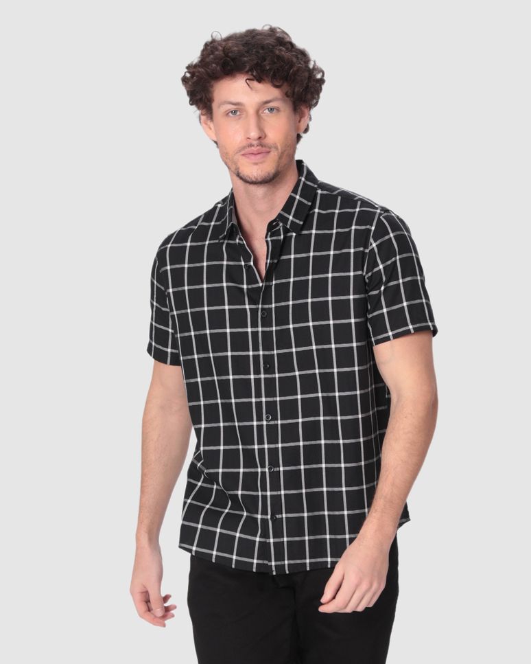 Camisa Masculina Xadrez Manga Curta Em Algodão Sarjado