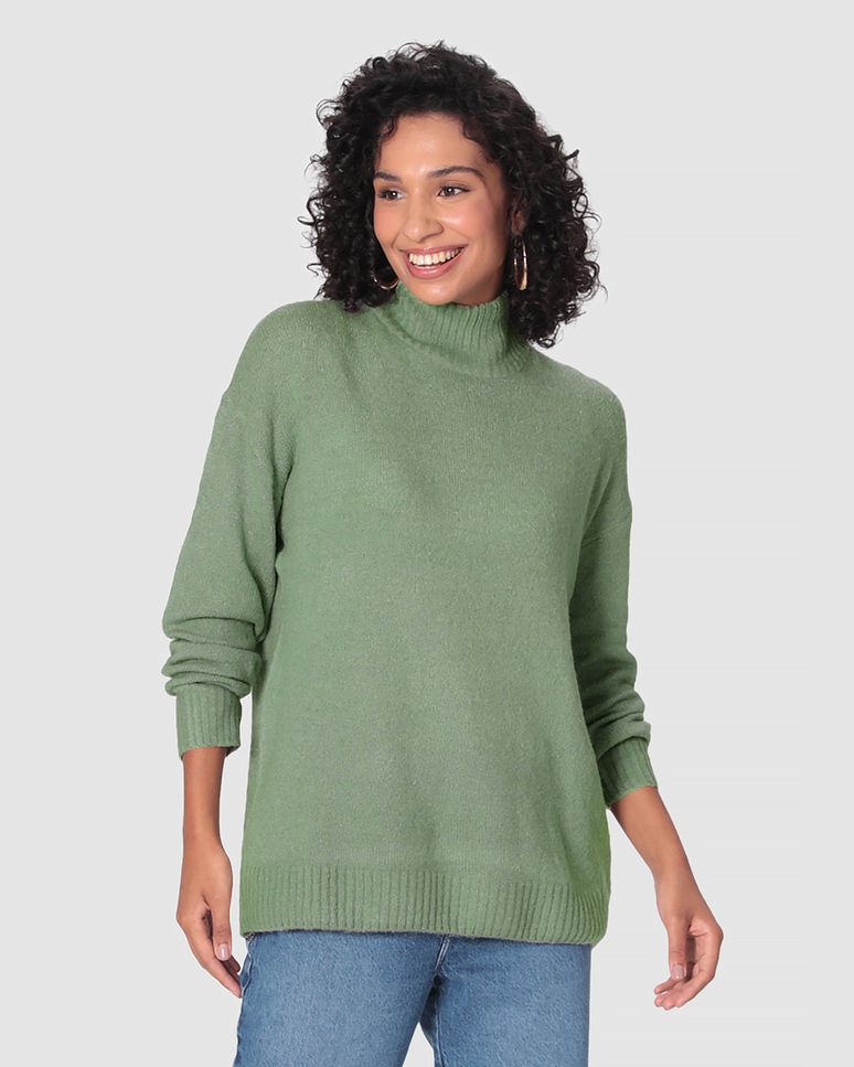 Suéter Feminino Oversized Gola Alta Manga Longa Em Tricô