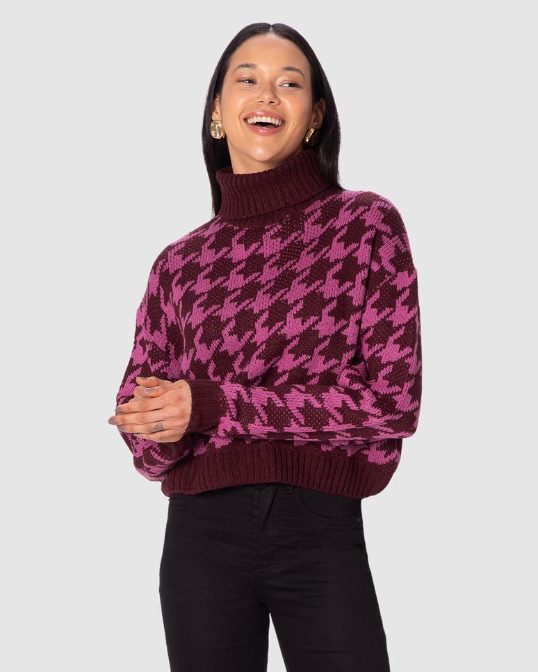 Suéter Feminino Gola Alta Estampa Pied De Poule Em Tricô