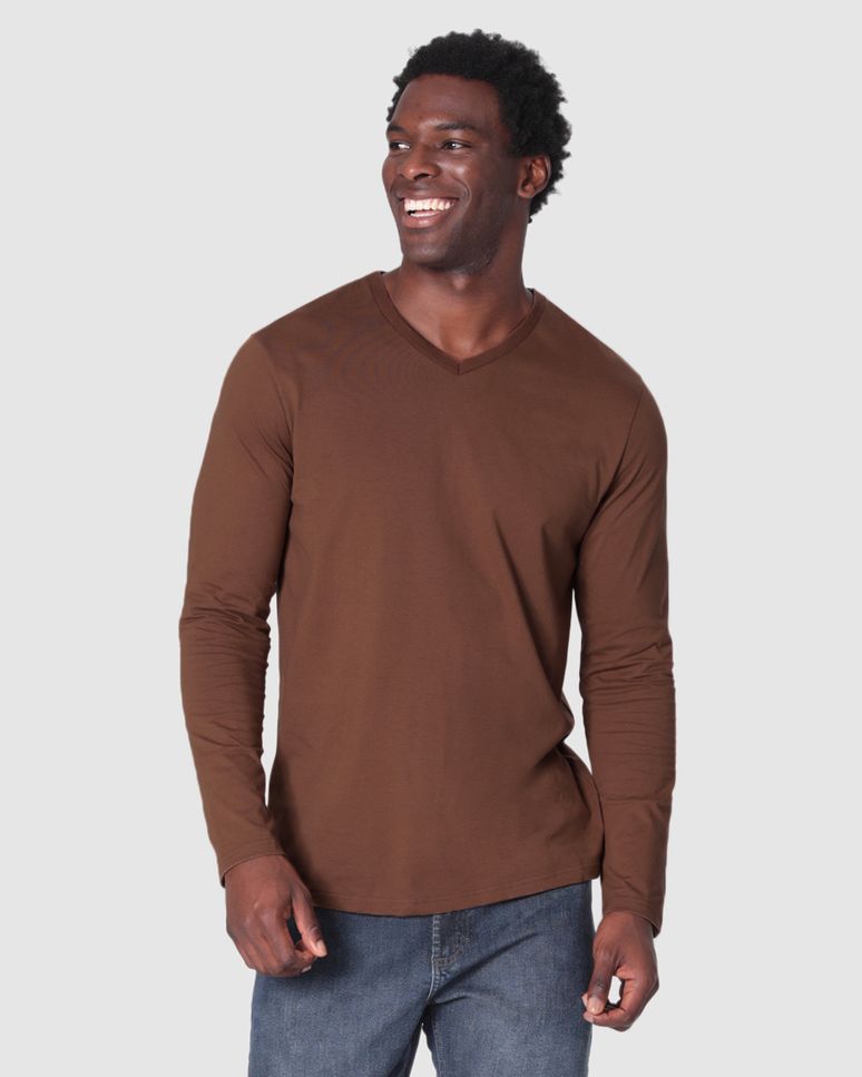 Camiseta Básica Masculina Decote V Manga Longa Em Algodão