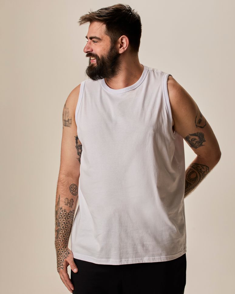 Regata Básica Masculina Plus Size Decote Redondo Alça Larga Em Algodão