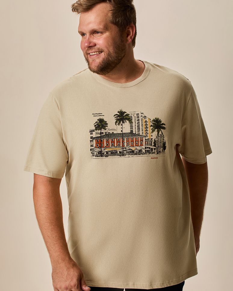 Camiseta Masculina Plus Size Regular Manga Curta Estampada Em Algodão