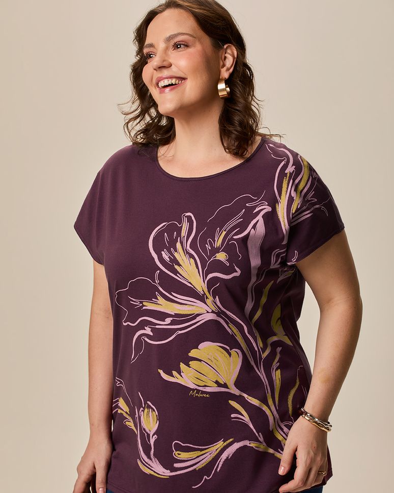 Blusa Feminina Plus Size Ampla Estampada Manga Curta Em Algodão