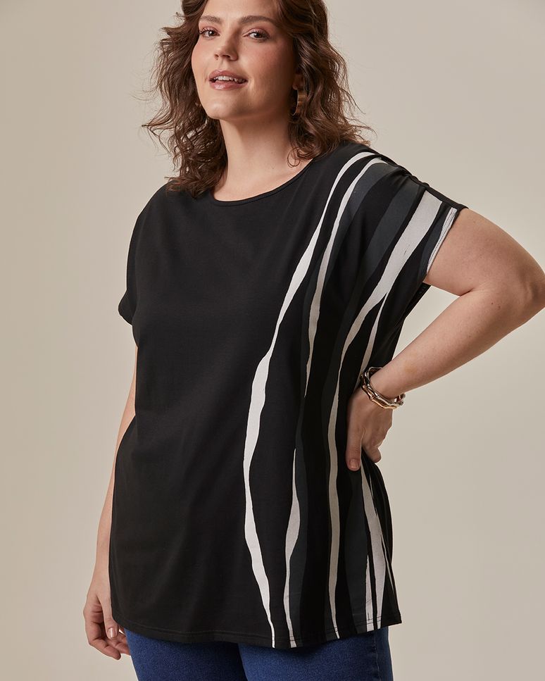 Blusa Feminina Plus Size Ampla Estampada Manga Curta Em Algodão