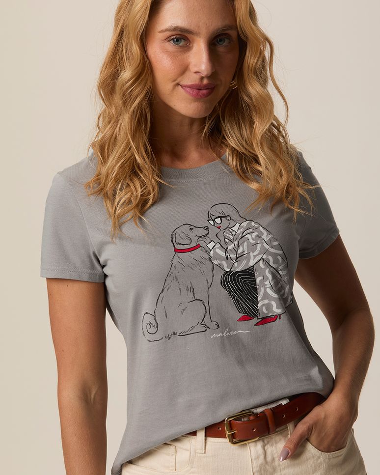 Camiseta Feminina Manga Curta Estampa Ilustrativa Frontal Em Algodão