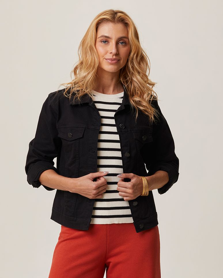 Jaqueta Feminina Tradicional Abertura Por Botões Em Sarja Com Elastano