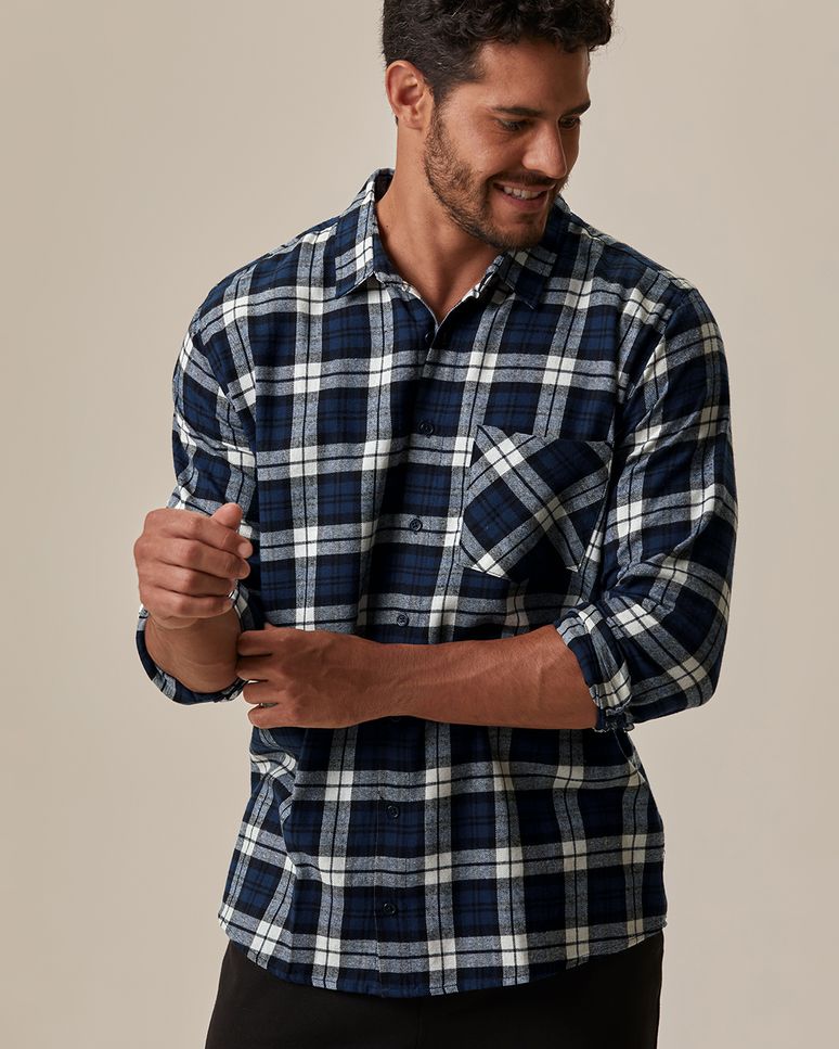 Camisa Masculina Manga Longa Estampa Xadrez Em Algodão Flanelado