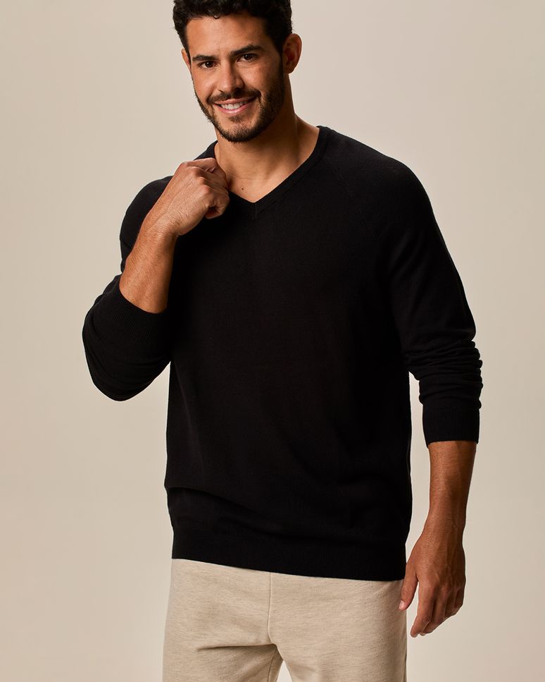 Suéter Masculino Gola V Manga Longa Em Tricô