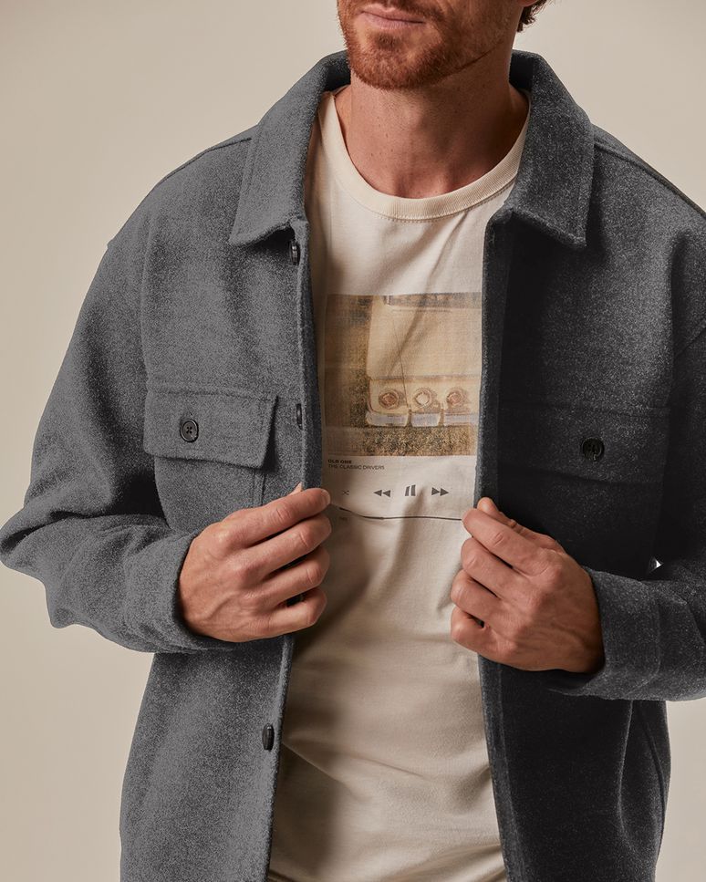 Jaqueta Masculina Estilo Camisa Bolso Funcional Em Lã Batida