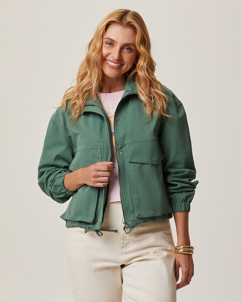 Jaqueta Feminina Bomber Bolso Utilitário Em Viscose Sarjada