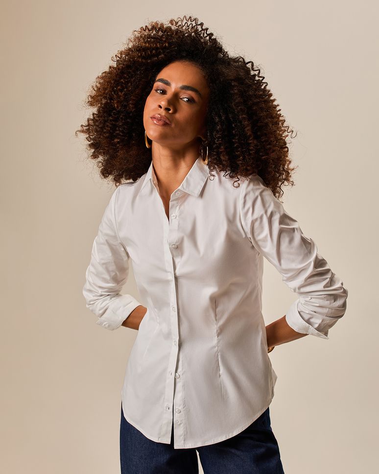Camisa Básica Feminina Manga Longa Em Tricoline