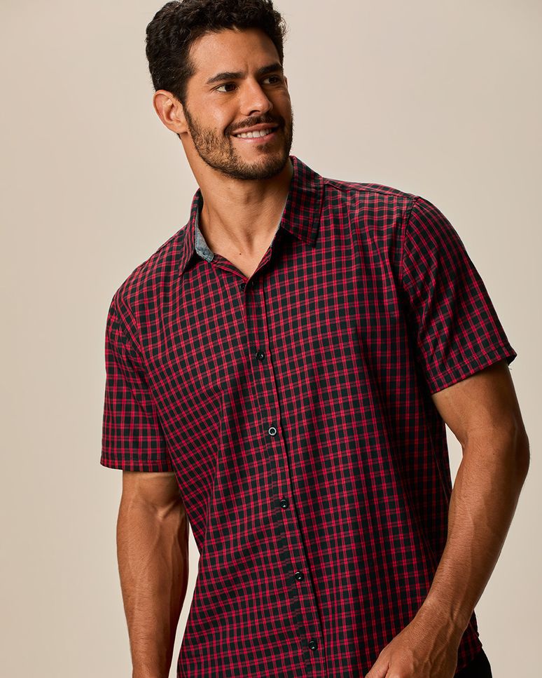 Camisa Masculina Xadrez Manga Curta Em Algodão Sarjado