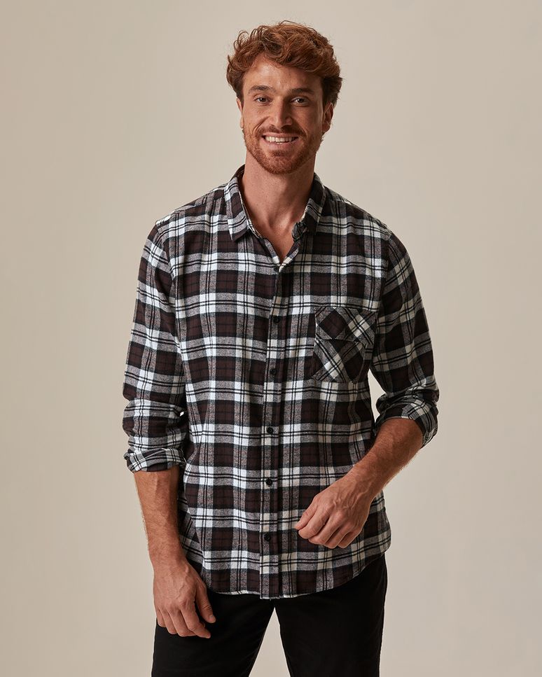 Camisa Masculina Xadrez Bolso Peitoral Em Flanela
