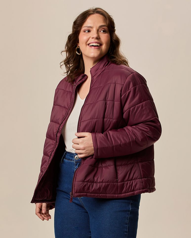 Jaqueta Básica Feminina Plus Size Puffer Gola Alta Em Nylon