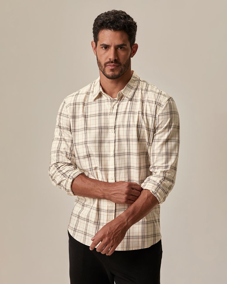 Camisa Masculina Xadrez Manga Longa Em Algodão Sarjado