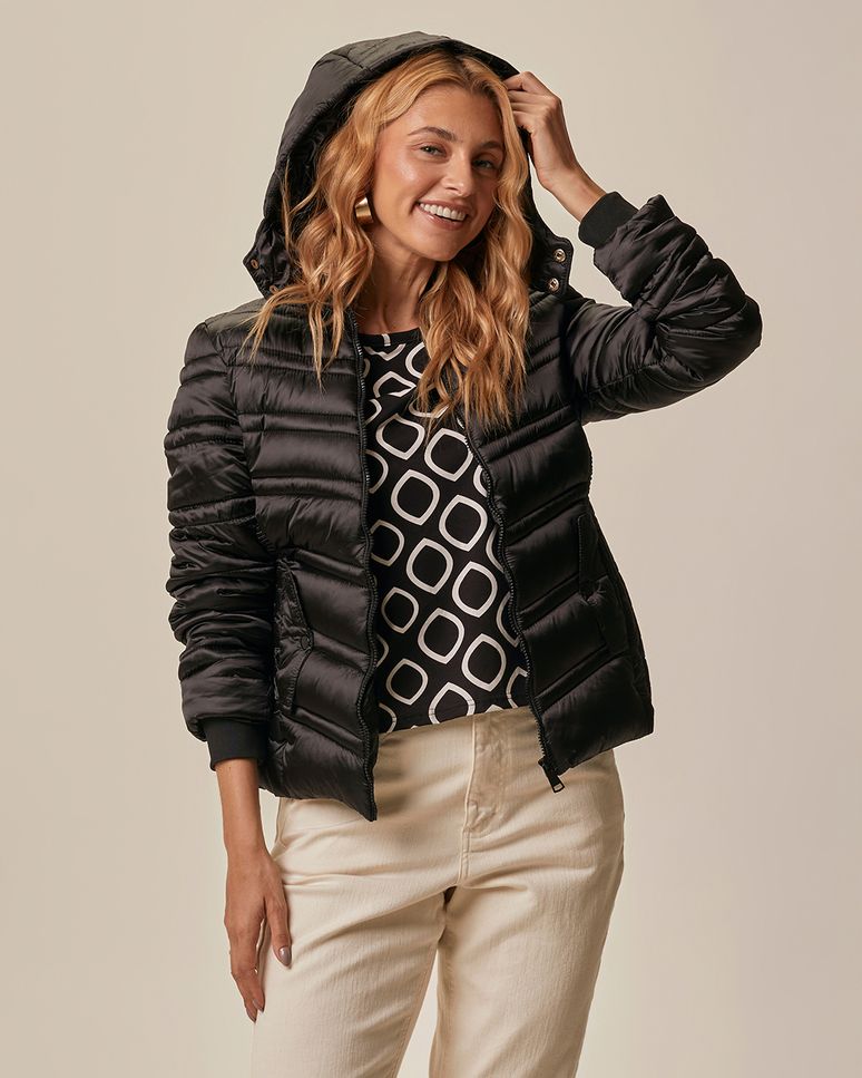 Jaqueta Puffer Feminina Capuz Removível Em Tafetá
