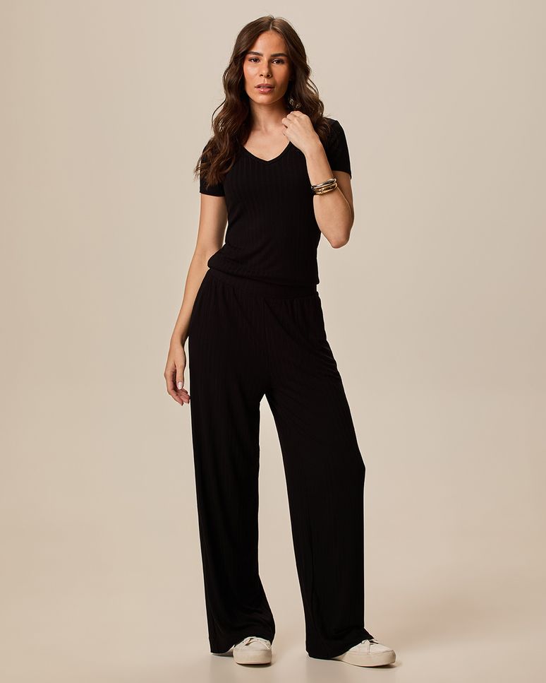 Calça Wide Leg Feminina Cintura Alta Em Malha Canelada De Viscose