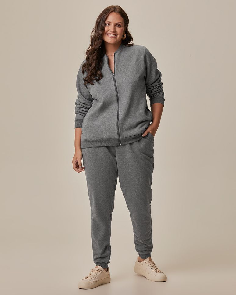 Calça Básica Feminina Plus Size Jogger Em Moletom Stretch Flanelado