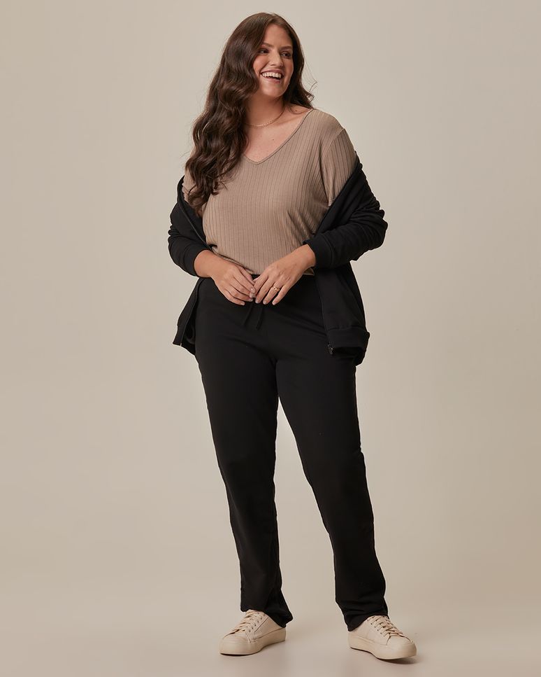 Calça Básica Feminina Plus Size Em Moletom Stretch Flanelado