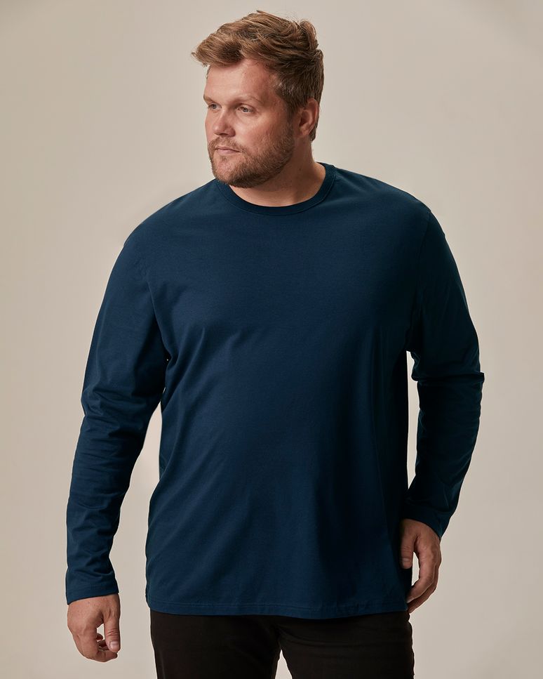 Camiseta Básica Masculina Plus Size Manga Longa Em Algodão