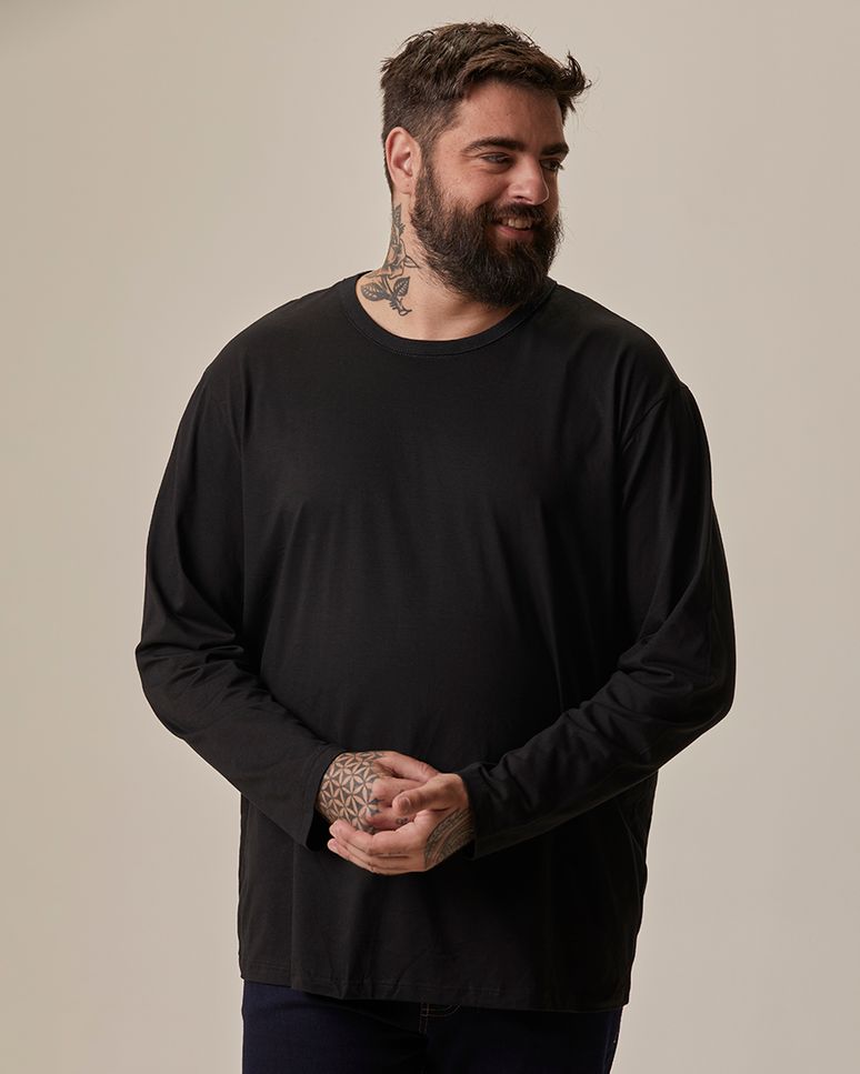 Camiseta Básica Masculina Plus Size Manga Longa Em Algodão
