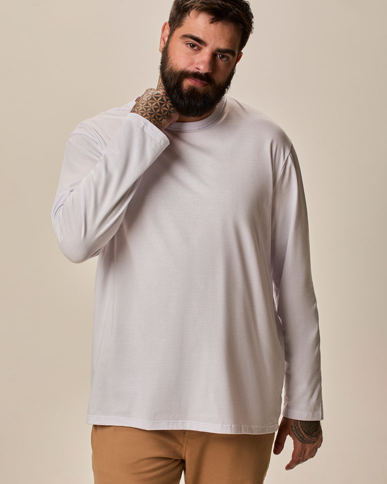 Camiseta Básica Masculina Plus Size Manga Longa Em Algodão