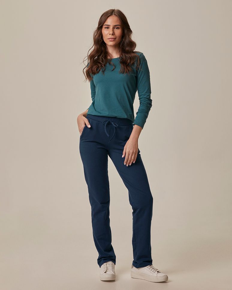 Calça Básica Feminina Reta Em Moletom Stretch Flanelado