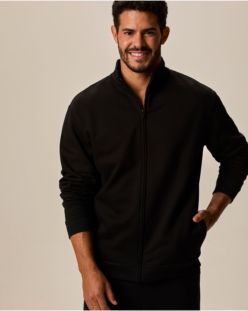 Jaqueta Básica Masculina Gola Alta Em Moletom Flanelado Preto - PP