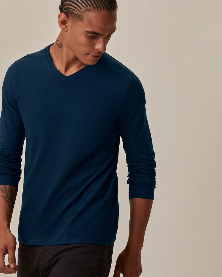 Camiseta Básica Masculina Decote V Manga Longa  Em Algodão