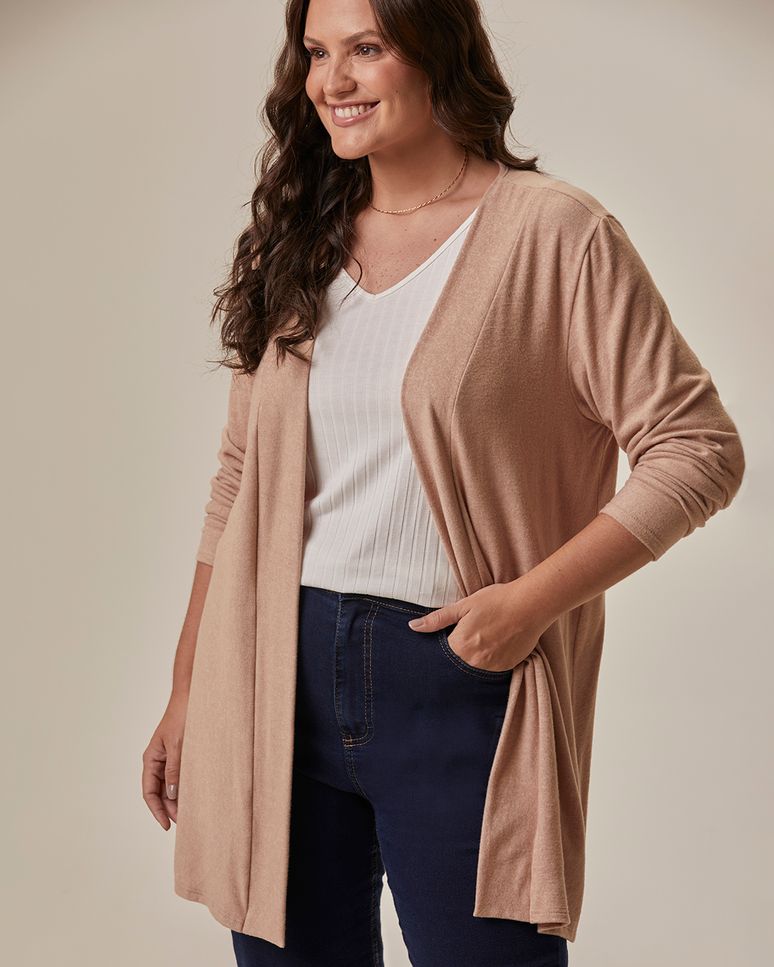 Cardigan Feminino Plus Size Alongado Em Malha Térmica