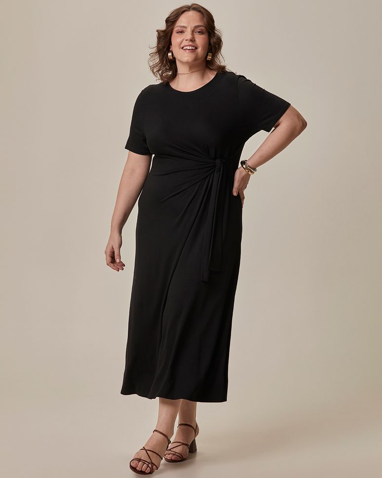 Vestido Midi Feminino Plus Size Detalhe Amarração Em Viscose Stretch
