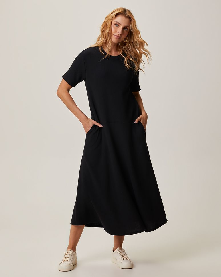 Vestido Midi Feminino Amplo Recorte Frontal Em Malha Canelada Texturizada