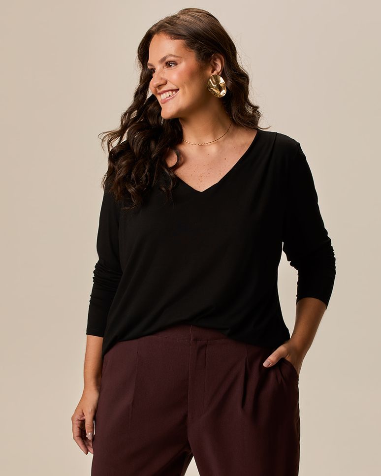 Blusa Feminina Plus Size Evasê Gola V Manga Longa Em Viscose Stretch