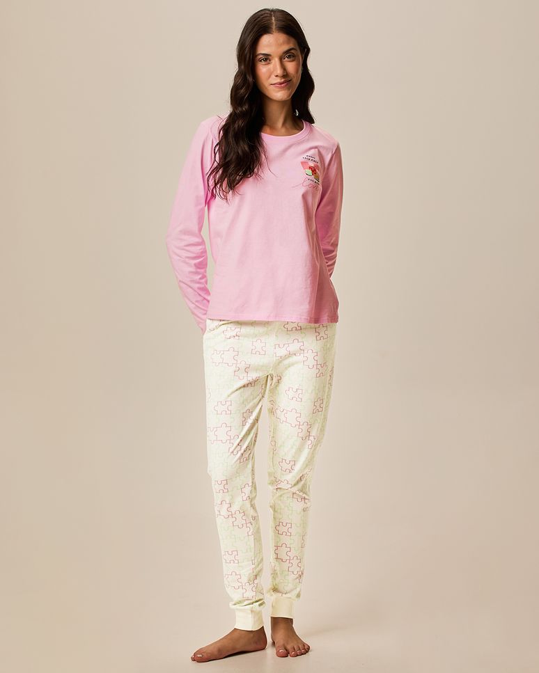 Pijama Feminino Blusa Manga Longa E Calça Estampada Em Algodão