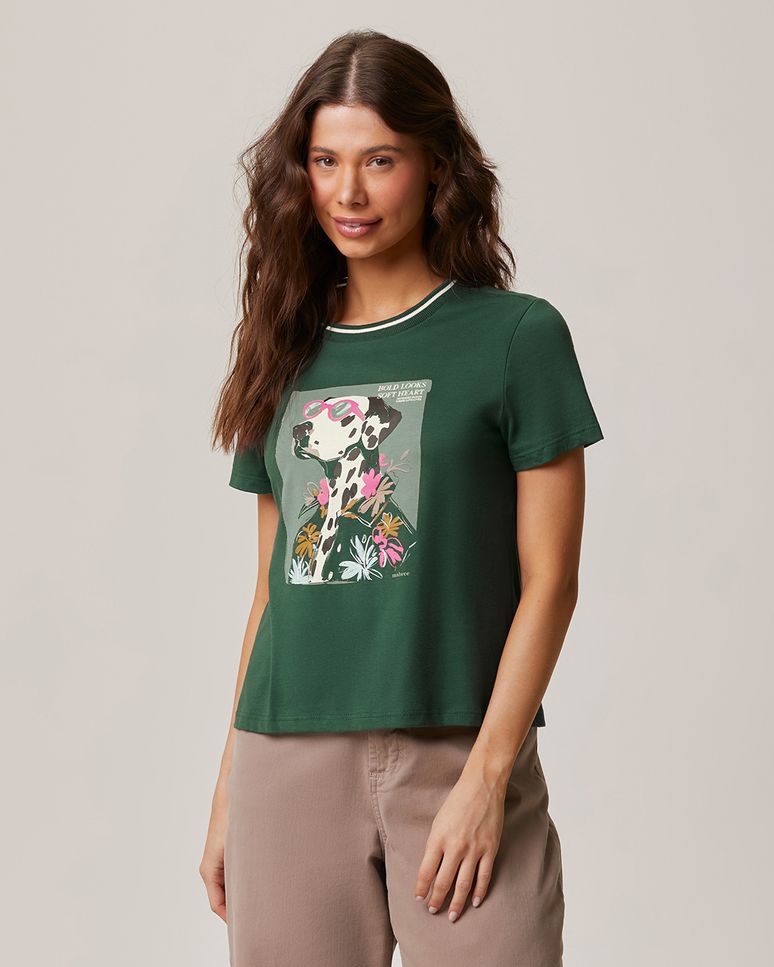 Camiseta Feminina Gola Retilínea Estampa Frontal Em Algodão