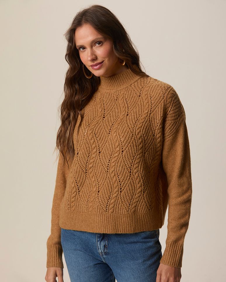 Suéter Feminino Manga Longa Cava Deslocada Em Tricô