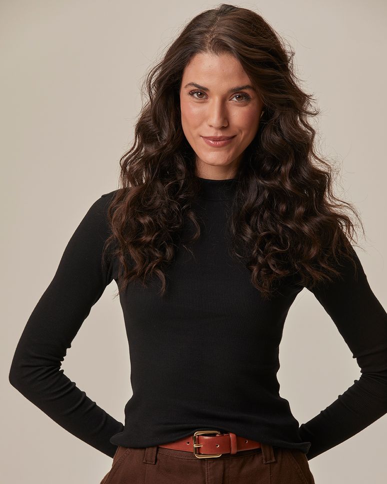 Blusa Básica Feminina Gola Alta Manga Longa Em Ribana