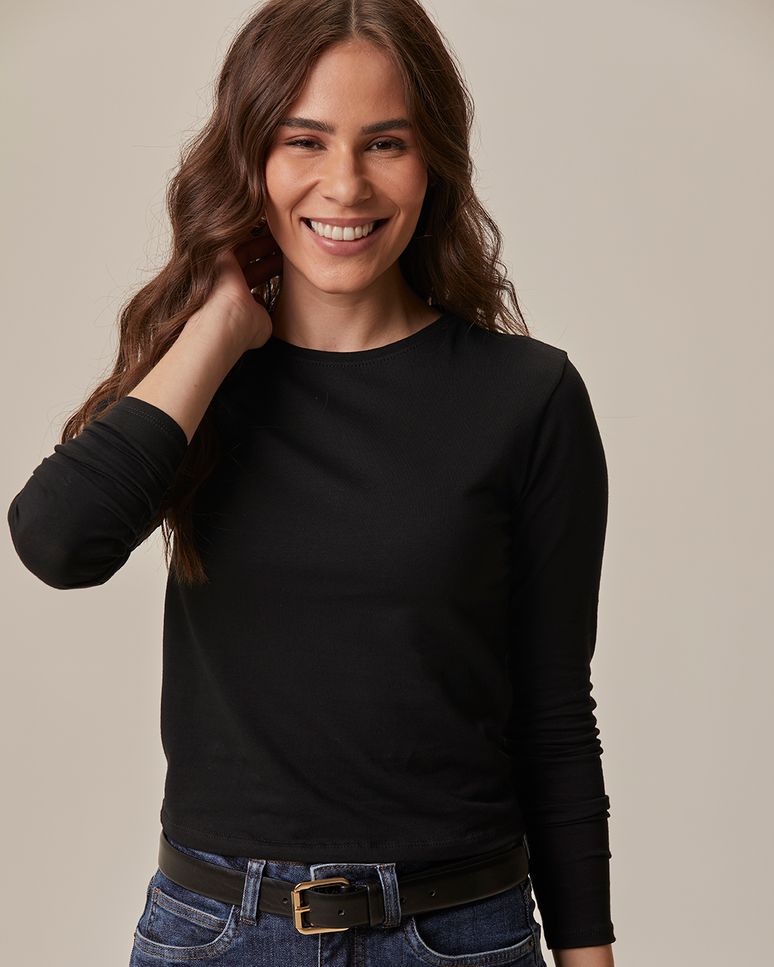 Blusa Cropped Feminina Decote Redondo Manga Longa Em Algodão