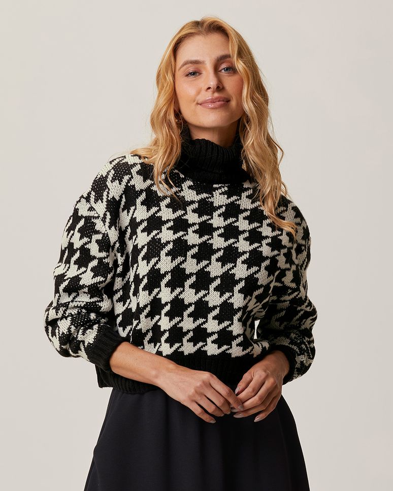 Suéter Feminino Gola Alta Estampa Pied De Poule Em Tricô