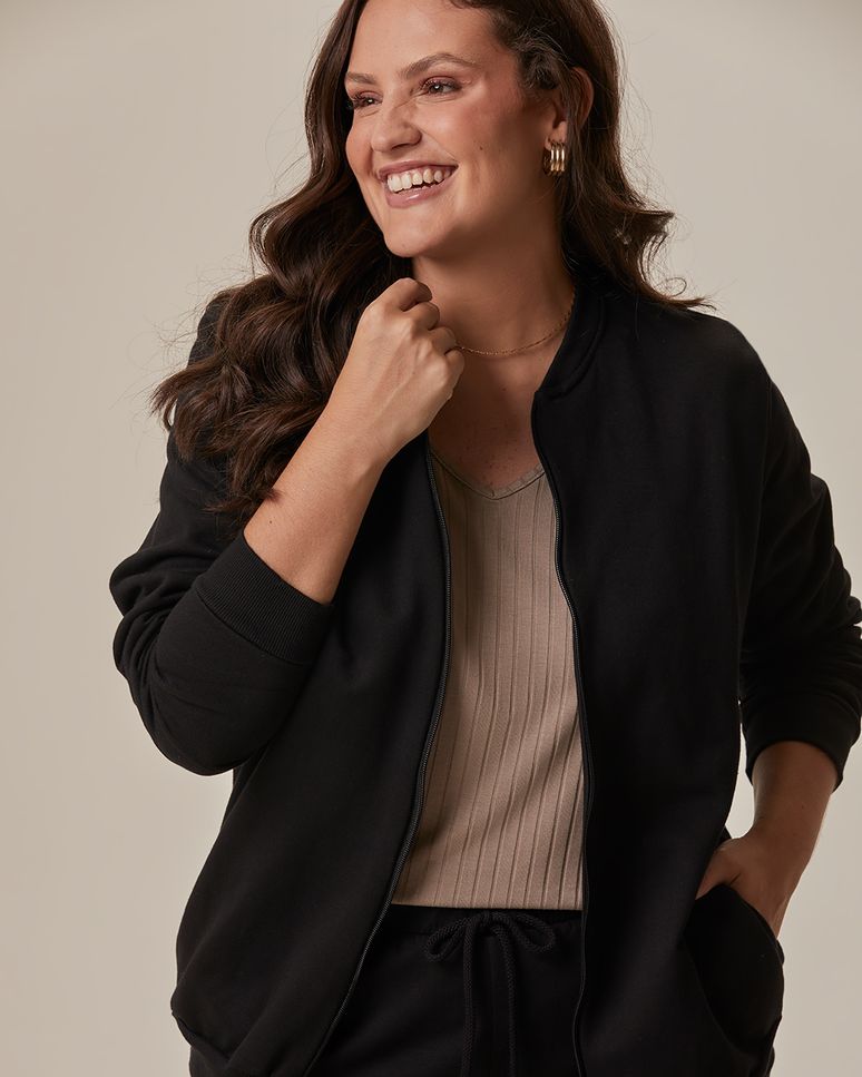 Jaqueta Básica Feminina Plus Size Gola Canelada Em Moletom Flanelado