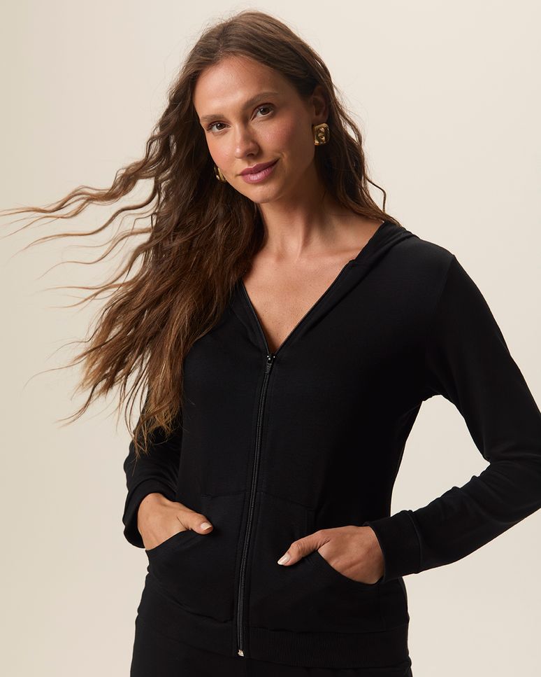 Jaqueta Básica Feminina Com Bolsos Moletinho De Viscose