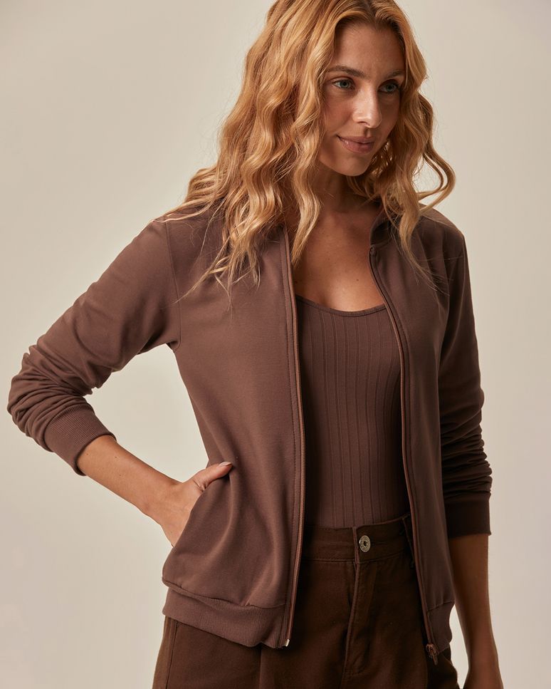 Jaqueta Básica Feminina Com Capuz Moletom Stretch Flanelado