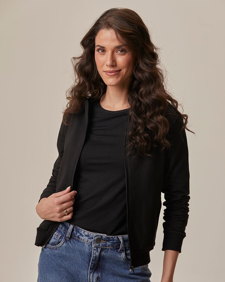 Jaqueta Básica Feminina Com Capuz Moletom Stretch Flanelado