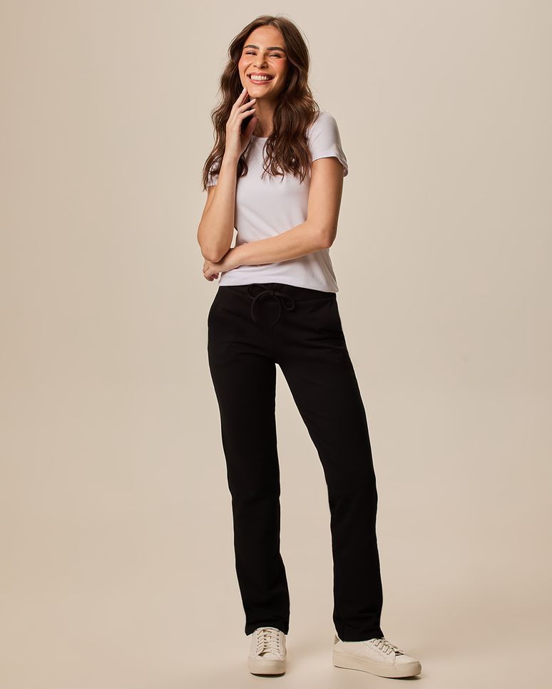 Calça Básica Feminina Reta Em Moletom Stretch Flanelado